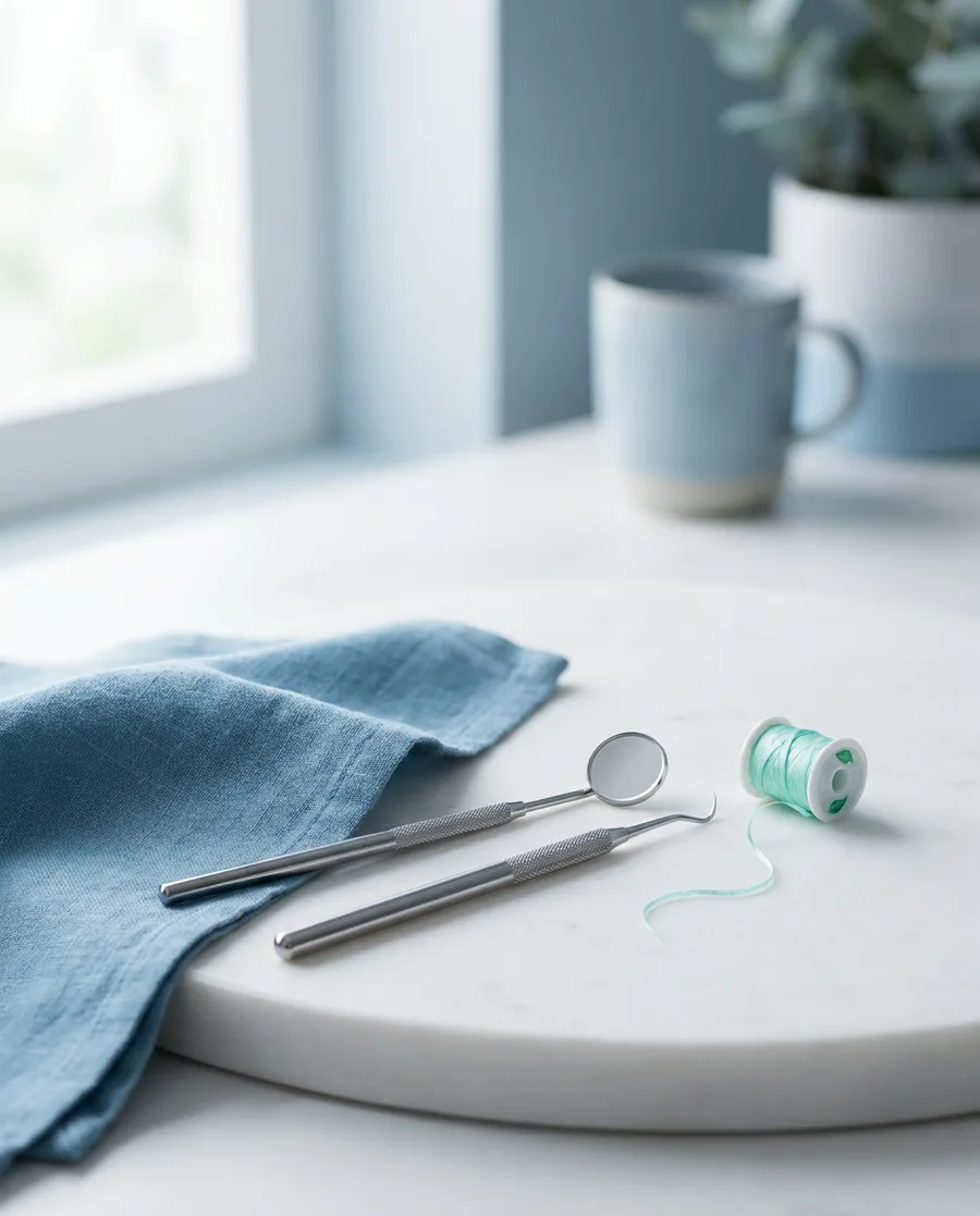 Dental mirror, scaler and floss on a clean clinical surface